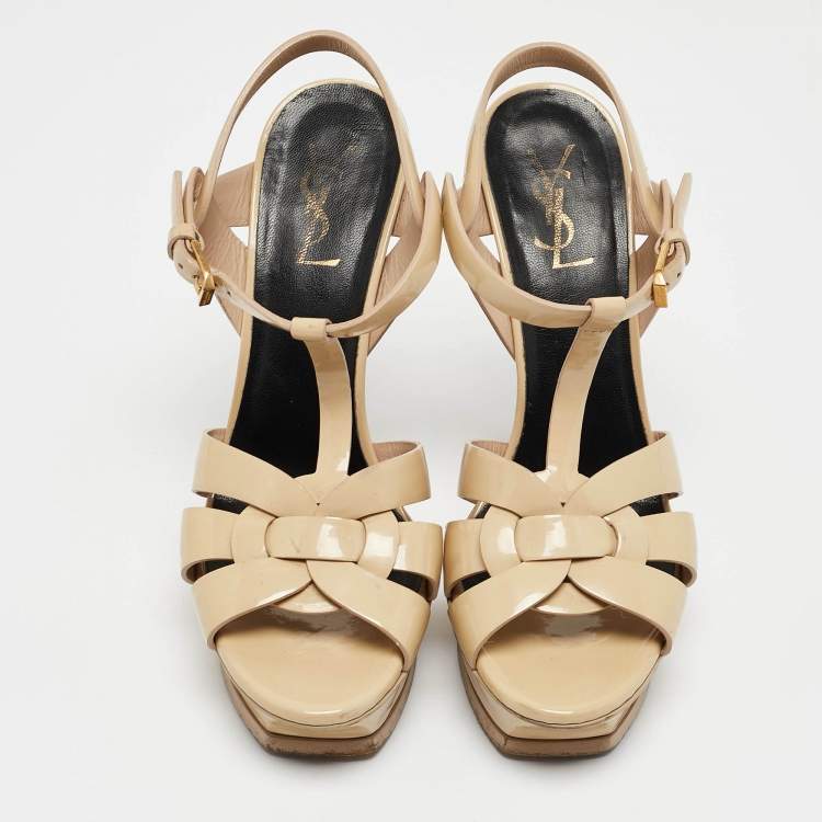 Pre Owned Saint Laurent Beige Patent Leather Tribute Sandals Size 39