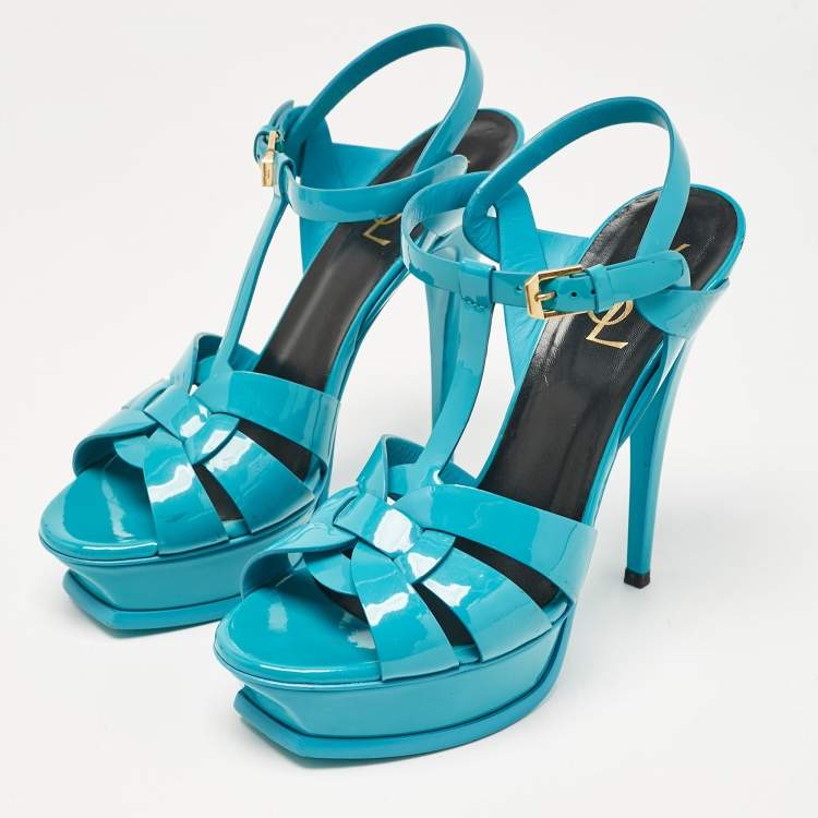 Pre Owned Saint Laurent Blue Patent Leather Tribute Platform Sandals Size 39