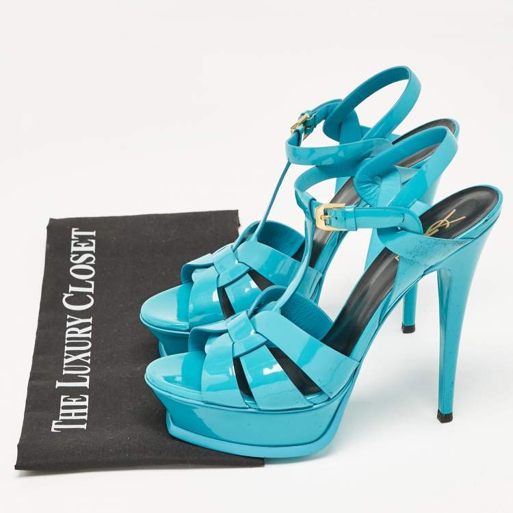 Pre Owned Saint Laurent Blue Patent Leather Tribute Platform Sandals Size 39
