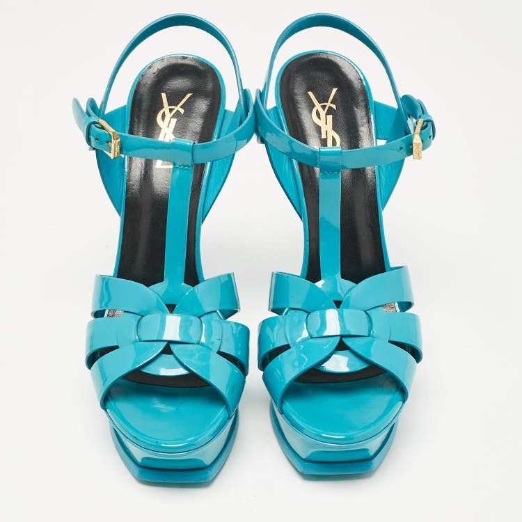 Pre Owned Saint Laurent Blue Patent Leather Tribute Platform Sandals Size 39