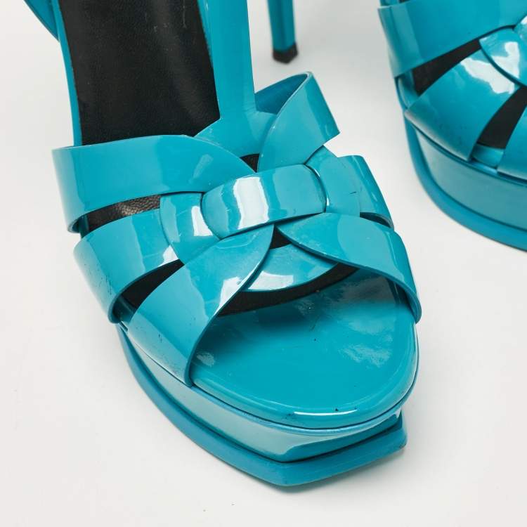 Pre Owned Saint Laurent Blue Patent Leather Tribute Platform Sandals Size 39