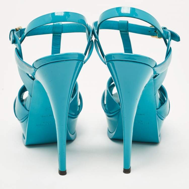 Pre Owned Saint Laurent Blue Patent Leather Tribute Platform Sandals Size 39