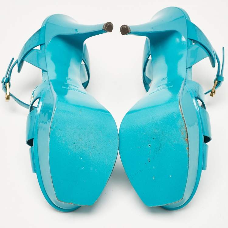 Pre Owned Saint Laurent Blue Patent Leather Tribute Platform Sandals Size 39