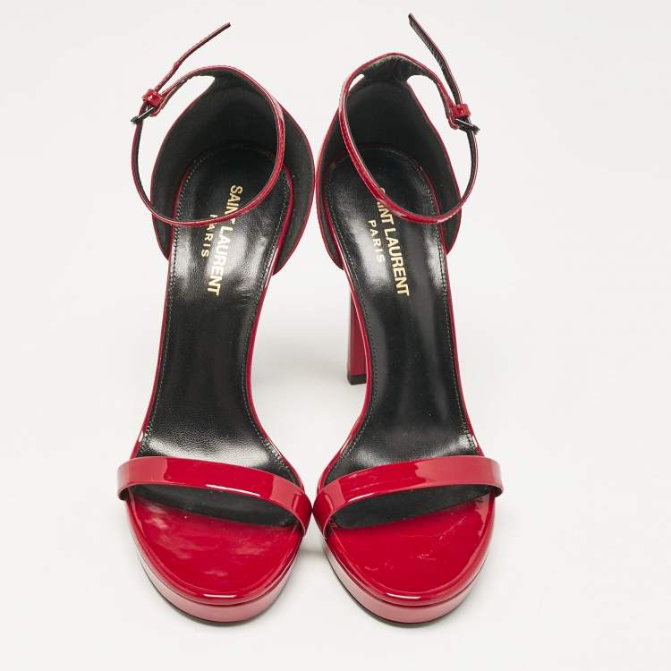 Pre Owned Saint Laurent Red Patent Leather Jane Ankle Strap Sandals Size 38