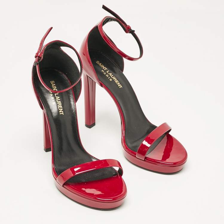 Pre Owned Saint Laurent Red Patent Leather Jane Ankle Strap Sandals Size 38
