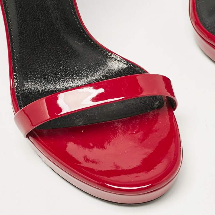 Pre Owned Saint Laurent Red Patent Leather Jane Ankle Strap Sandals Size 38