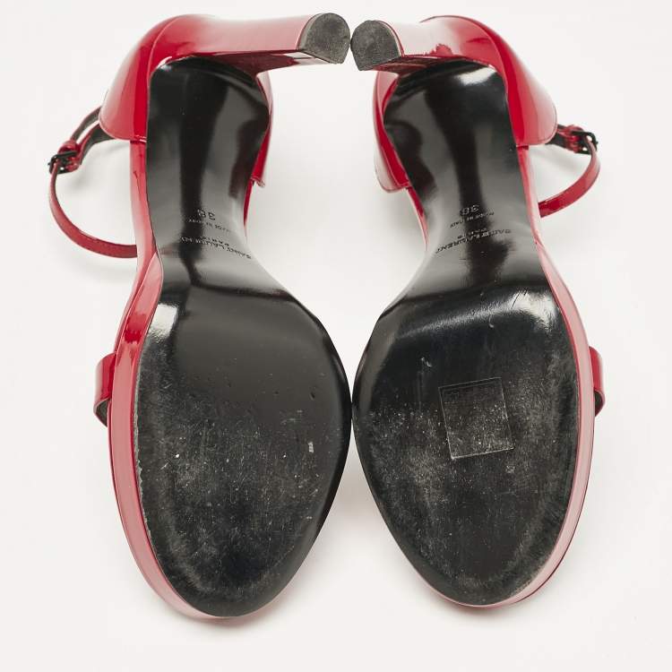 Pre Owned Saint Laurent Red Patent Leather Jane Ankle Strap Sandals Size 38