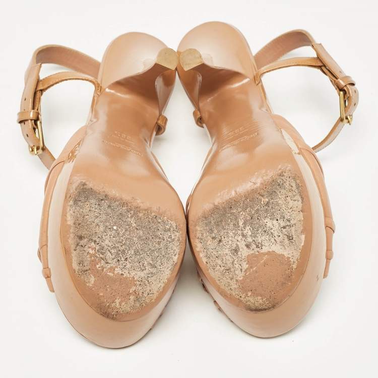 Pre Owned Saint Laurent Brown Patent Leather Ankle Strap Sandals Size 38.5