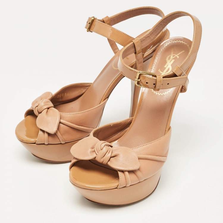 Pre Owned Saint Laurent Brown Patent Leather Ankle Strap Sandals Size 38.5