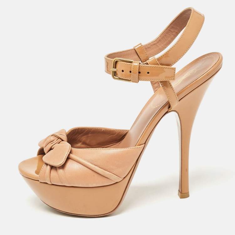 Pre Owned Saint Laurent Brown Patent Leather Ankle Strap Sandals Size 38.5