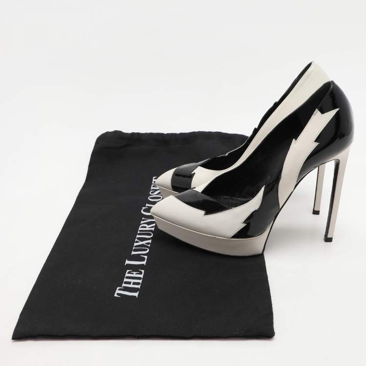 Pre Owned Saint Laurent Paris White/Black Leather and Patent Leather Janis Pumps Size 35.5