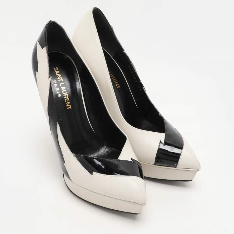 Pre Owned Saint Laurent Paris White/Black Leather and Patent Leather Janis Pumps Size 35.5