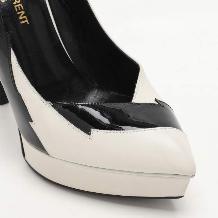 Pre Owned Saint Laurent Paris White/Black Leather and Patent Leather Janis Pumps Size 35.5