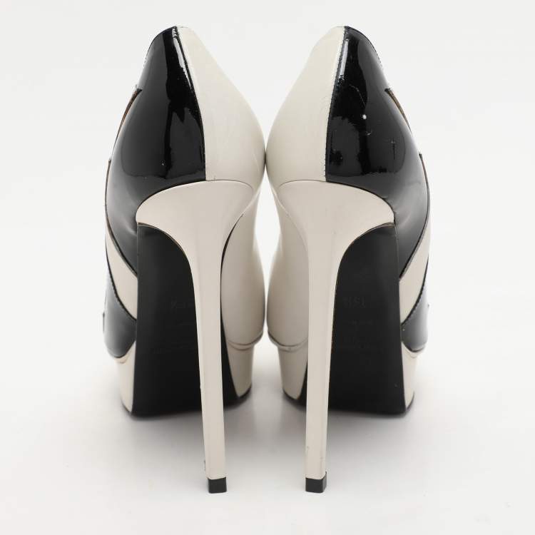 Pre Owned Saint Laurent Paris White/Black Leather and Patent Leather Janis Pumps Size 35.5