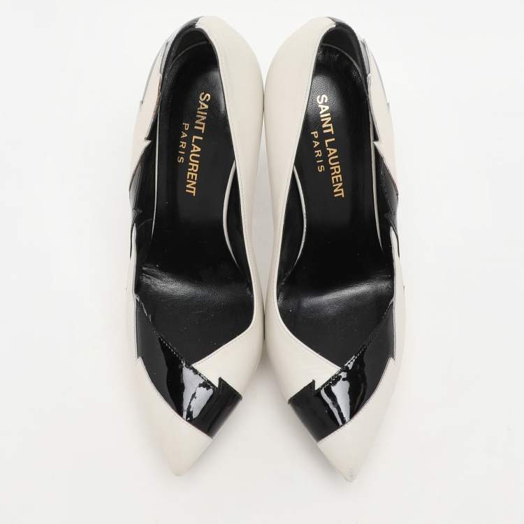 Pre Owned Saint Laurent Paris White/Black Leather and Patent Leather Janis Pumps Size 35.5