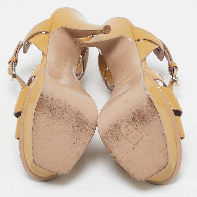 Pre Owned Saint Laurent Beige Patent Leather Tribute Platform Sandals Size 36