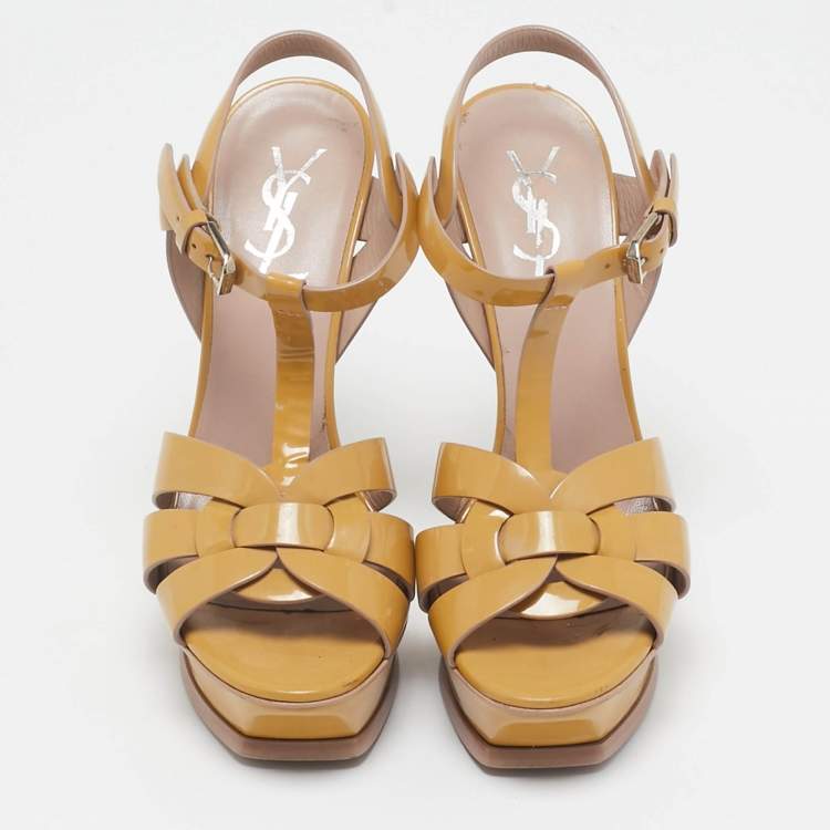 Pre Owned Saint Laurent Beige Patent Leather Tribute Platform Sandals Size 36