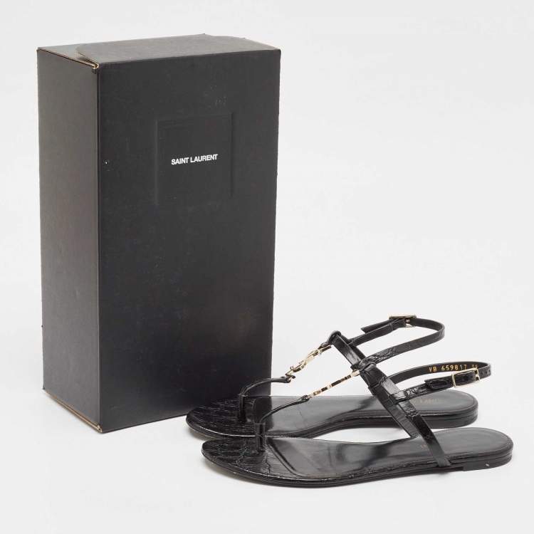مملوكة مسبقًا Saint Laurent Black Croc Embossed Leather Cassandra Flat Sandals Size 39