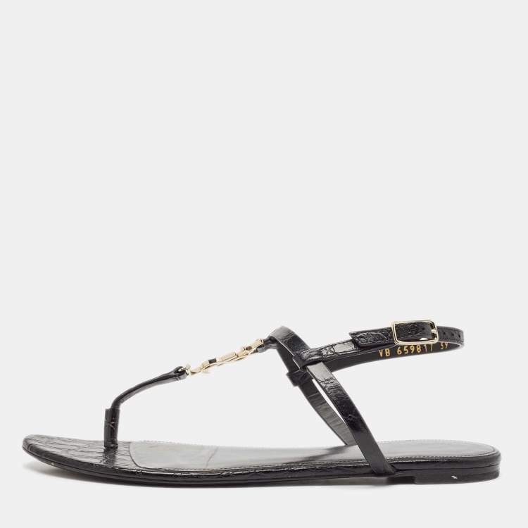 مملوكة مسبقًا Saint Laurent Black Croc Embossed Leather Cassandra Flat Sandals Size 39
