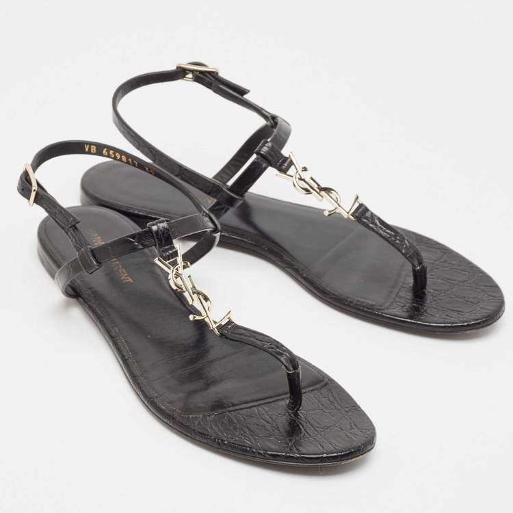 مملوكة مسبقًا Saint Laurent Black Croc Embossed Leather Cassandra Flat Sandals Size 39