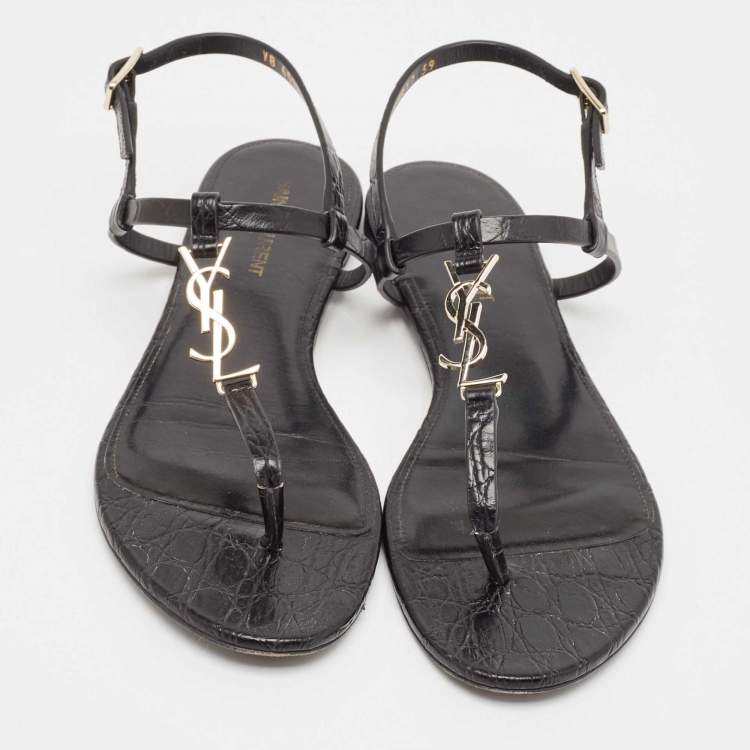 مملوكة مسبقًا Saint Laurent Black Croc Embossed Leather Cassandra Flat Sandals Size 39