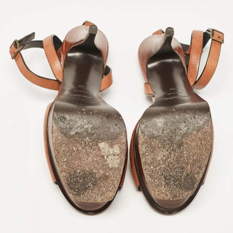 Pre Owned Saint Laurent Brown Leather Ankle Strap Sandals Size 38