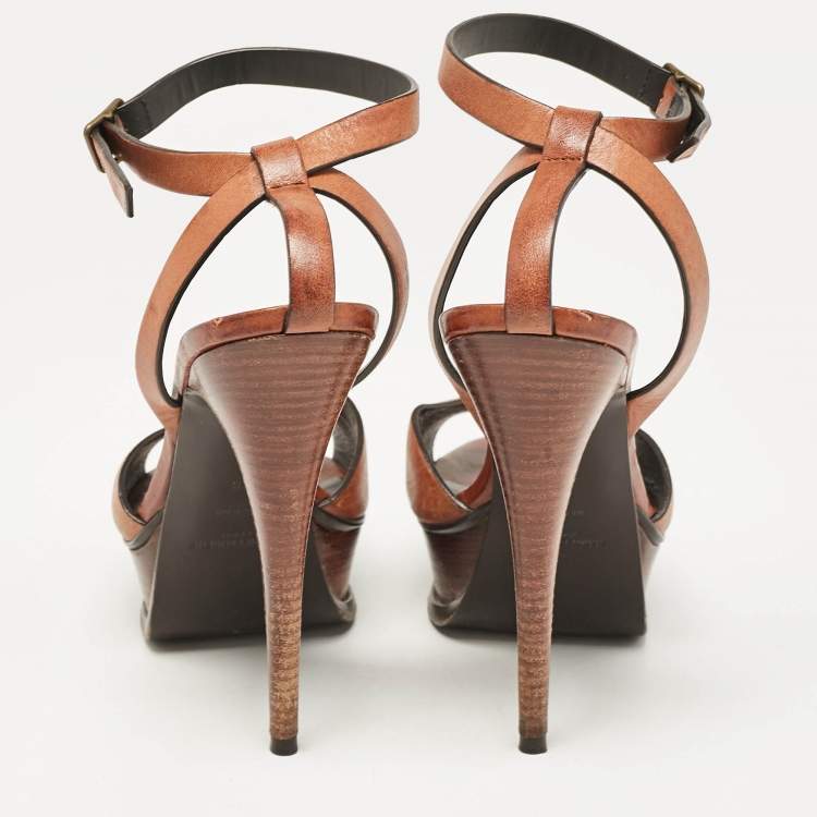 Pre Owned Saint Laurent Brown Leather Ankle Strap Sandals Size 38