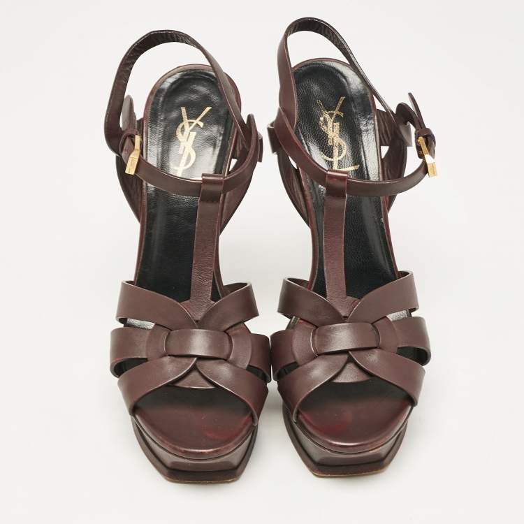 Pre Owned Saint Laurent Dark Burgundy Leather Tribute Platform Sandals Size 39