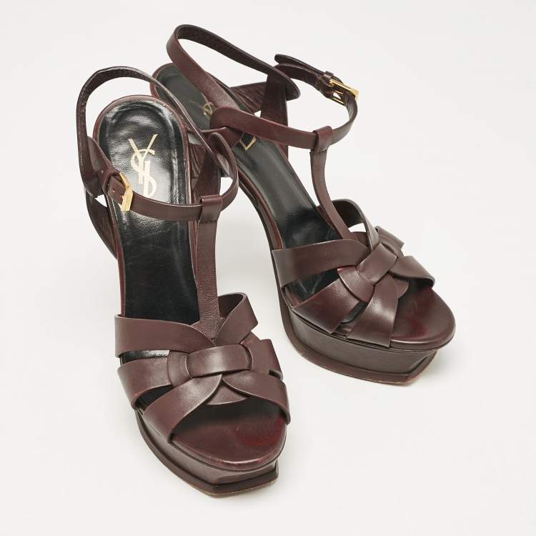Pre Owned Saint Laurent Dark Burgundy Leather Tribute Platform Sandals Size 39