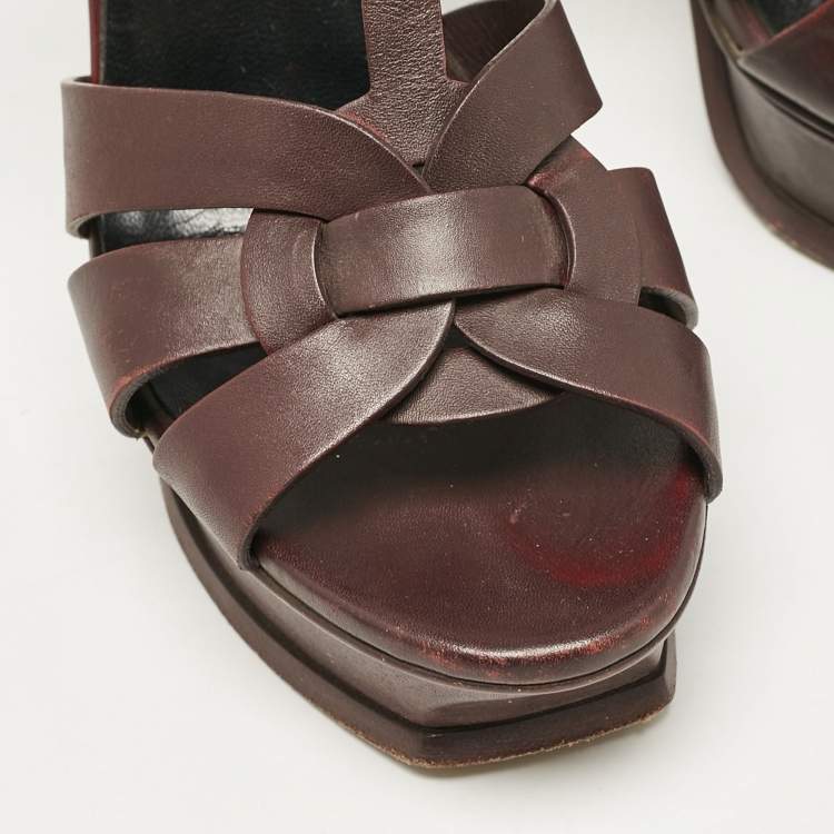 Pre Owned Saint Laurent Dark Burgundy Leather Tribute Platform Sandals Size 39