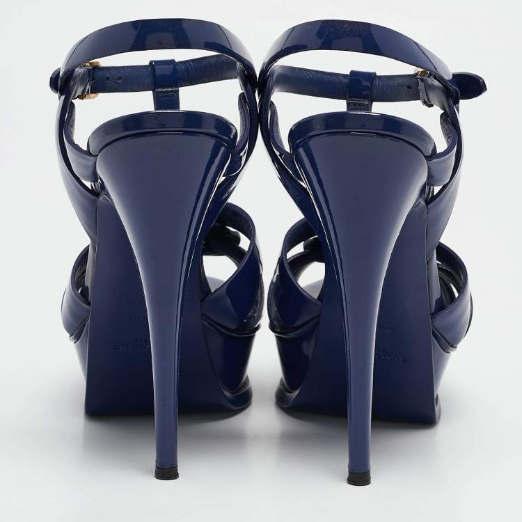 Pre Owned Saint Laurent Blue Patent Leather Tribute Sandals Size 38
