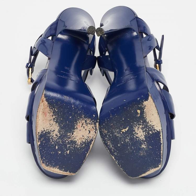 Pre Owned Saint Laurent Blue Patent Leather Tribute Sandals Size 38