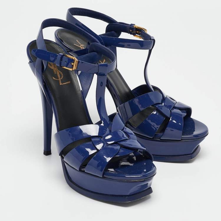 Pre Owned Saint Laurent Blue Patent Leather Tribute Sandals Size 38