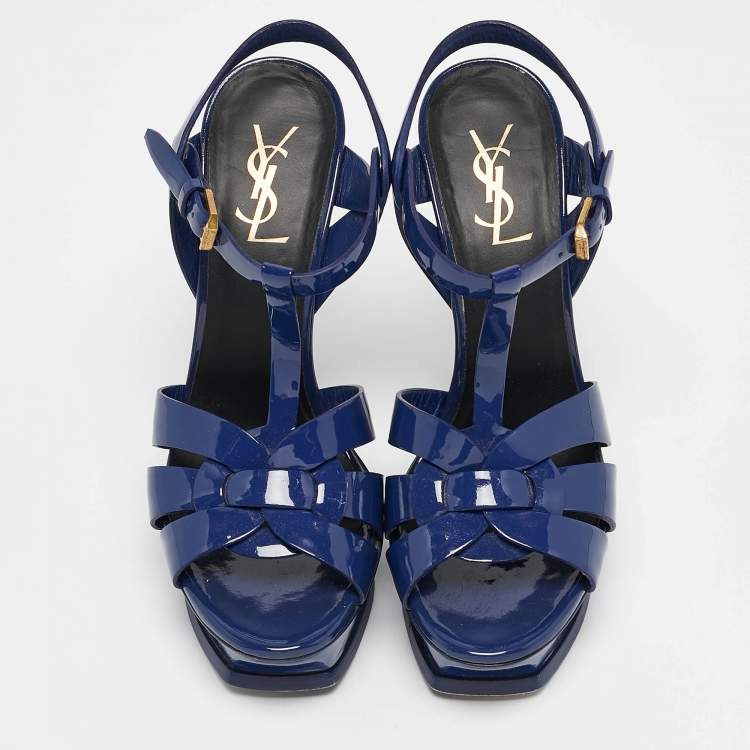 Pre Owned Saint Laurent Blue Patent Leather Tribute Sandals Size 38