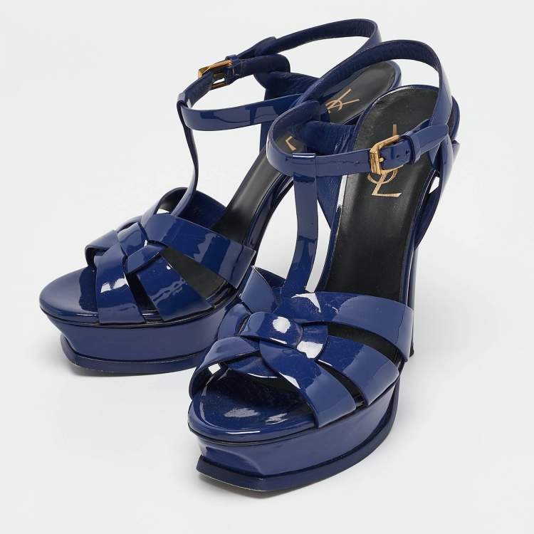 Pre Owned Saint Laurent Blue Patent Leather Tribute Sandals Size 38