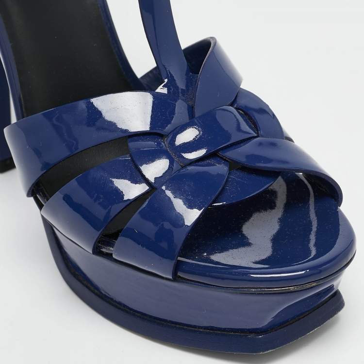 Pre Owned Saint Laurent Blue Patent Leather Tribute Sandals Size 38