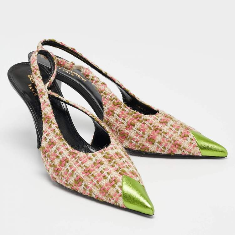 Pre Owned Saint Laurent Multicolor Tweed and Leather Vesper Slingback Pumps Size 39
