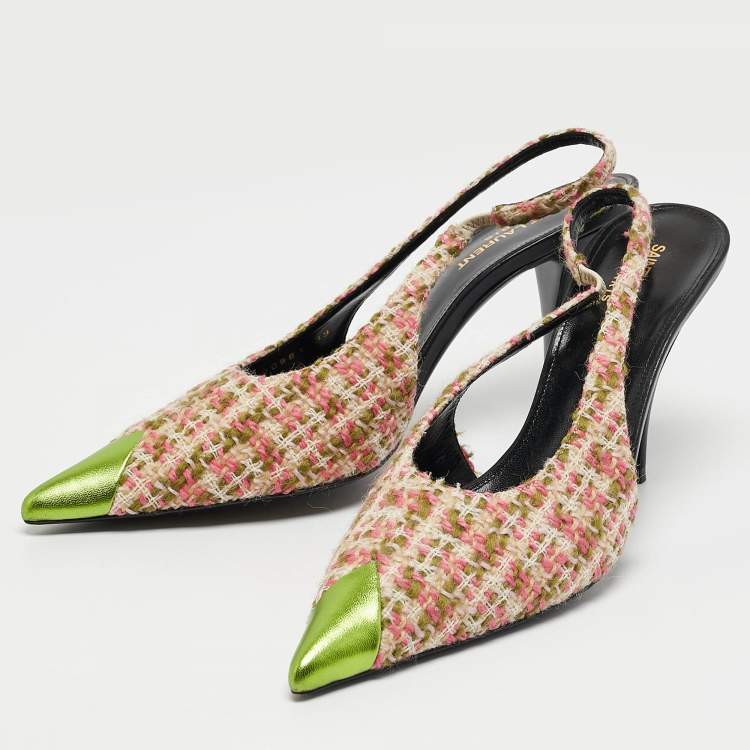 Pre Owned Saint Laurent Multicolor Tweed and Leather Vesper Slingback Pumps Size 39