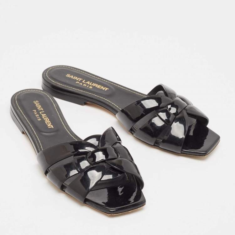 Pre Owned Saint Laurent Black Patent Leather Tribute Flat Slides Size 36