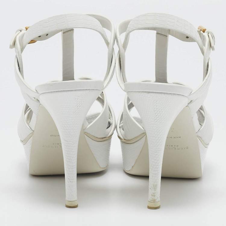 Pre Owned Saint Laurent White Lizard Embossed Leather Tribute Platform Sandals Size 37