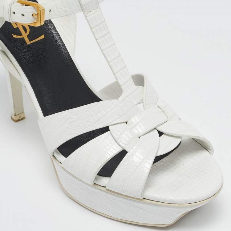 Pre Owned Saint Laurent White Lizard Embossed Leather Tribute Platform Sandals Size 37