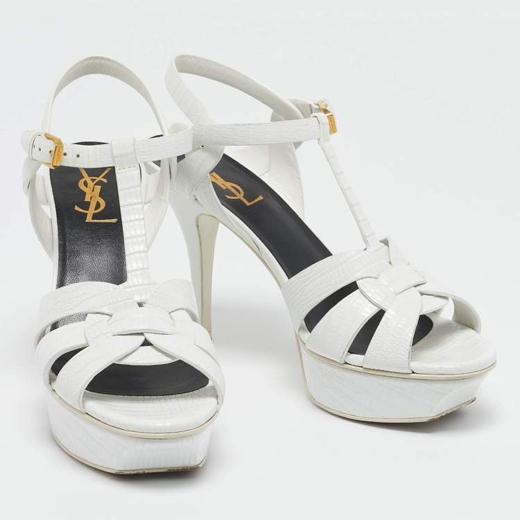 Pre Owned Saint Laurent White Lizard Embossed Leather Tribute Platform Sandals Size 37
