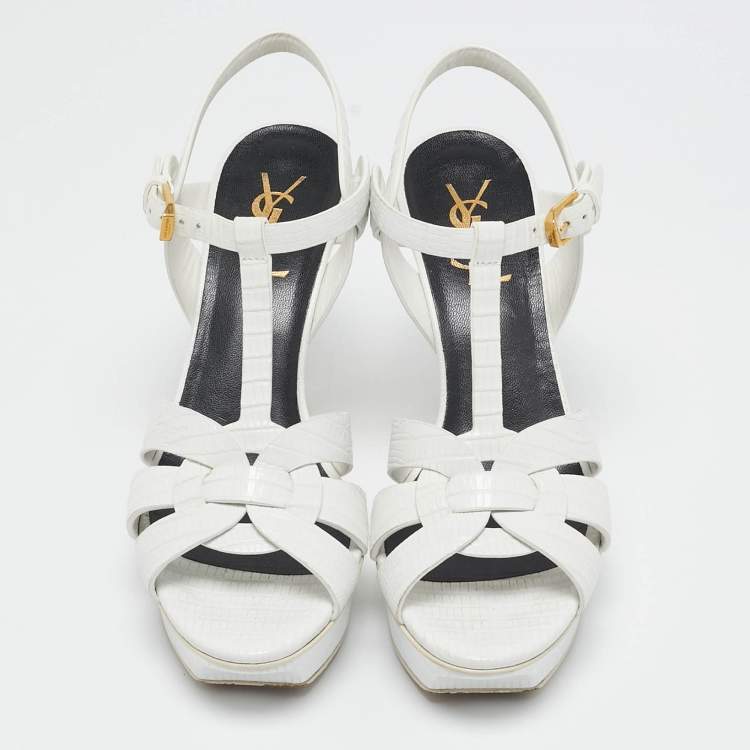 Pre Owned Saint Laurent White Lizard Embossed Leather Tribute Platform Sandals Size 37