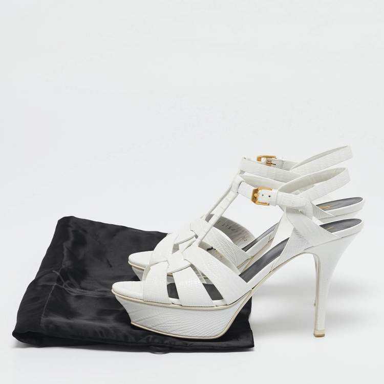 Pre Owned Saint Laurent White Lizard Embossed Leather Tribute Platform Sandals Size 37
