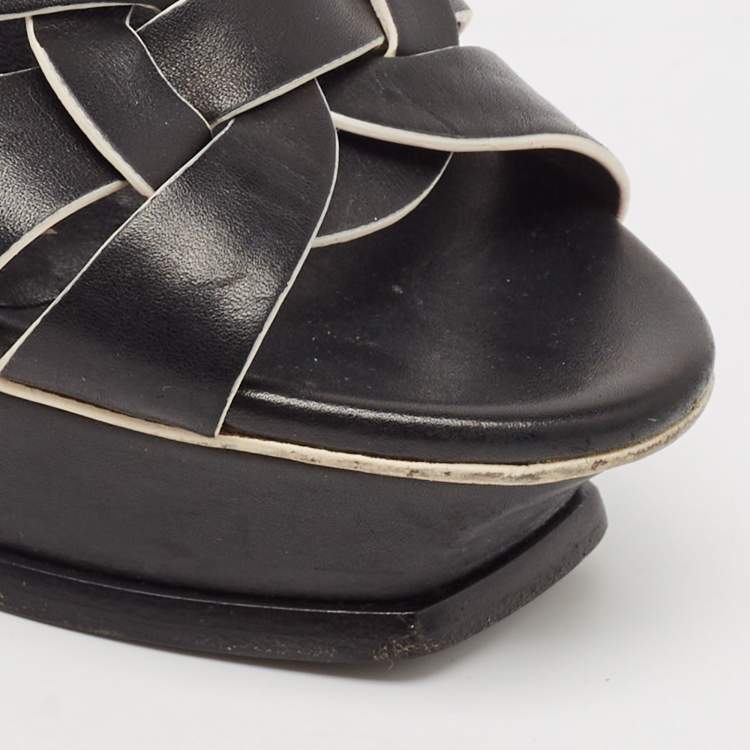 Pre Owned Saint Laurent Black/White Leather Tribute Ankle Strap Sandals Size 37.5