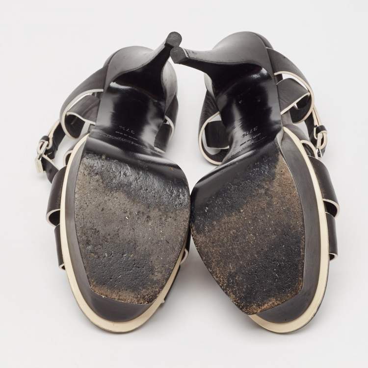 Pre Owned Saint Laurent Black/White Leather Tribute Ankle Strap Sandals Size 37.5