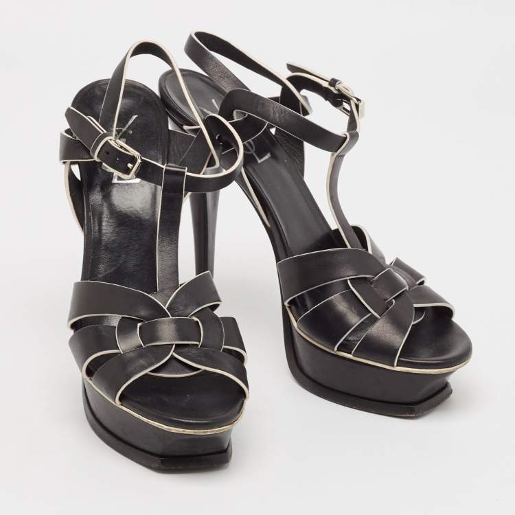 Pre Owned Saint Laurent Black/White Leather Tribute Ankle Strap Sandals Size 37.5