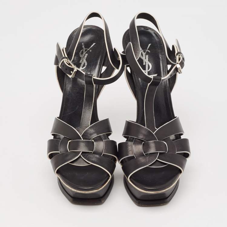 Pre Owned Saint Laurent Black/White Leather Tribute Ankle Strap Sandals Size 37.5
