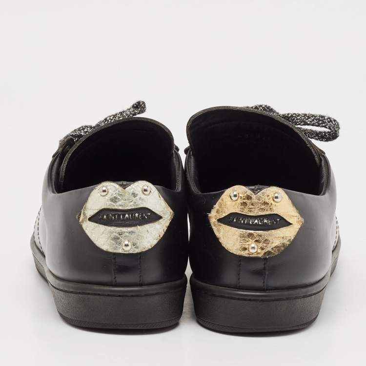 Pre Owned Saint Laurent Black Leather Ayers Signature Court Lips Sneakers Size 37 