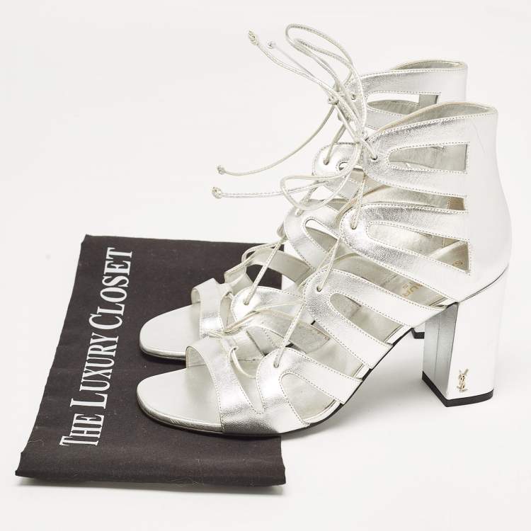 Pre Owned Saint Laurent Silver Leather Babes Lace Up Sandals Size 38